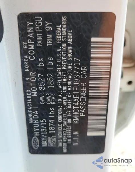 2015 Hyundai Accent Gls z USA, uszkodzony, nr VIN KMHCT4AE1FU937717